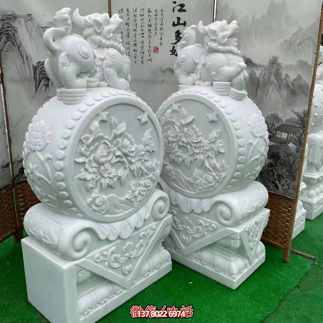 天然優(yōu)質(zhì)漢白玉浮雕麒麟抱鼓石，裝點(diǎn)你的庭院門口