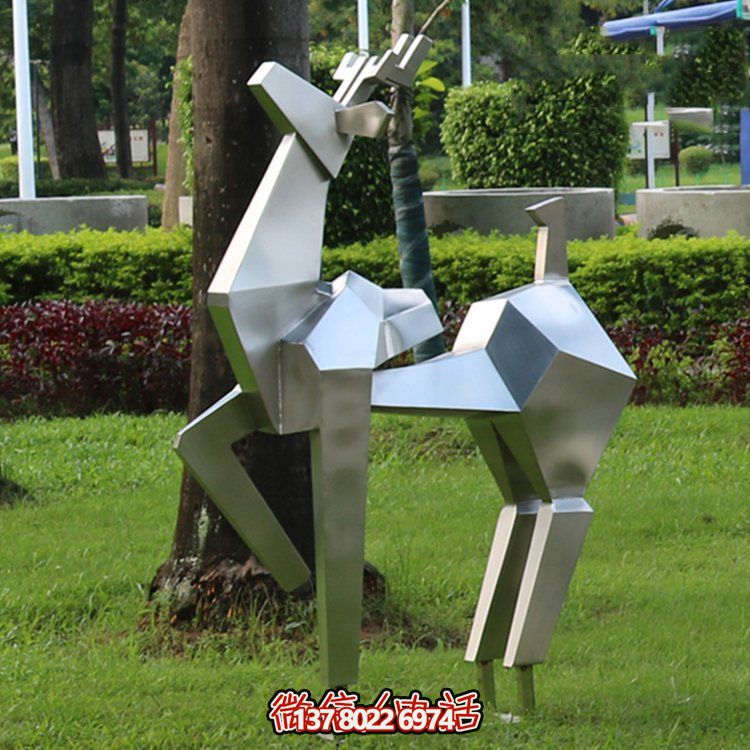 不銹鋼幾何切面鹿雕塑，優(yōu)雅動(dòng)物景觀擺件