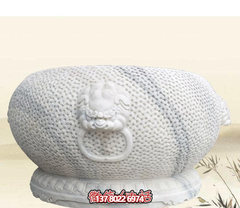 精美狴犴圓形雕塑，點綴庭院水缸浮雕