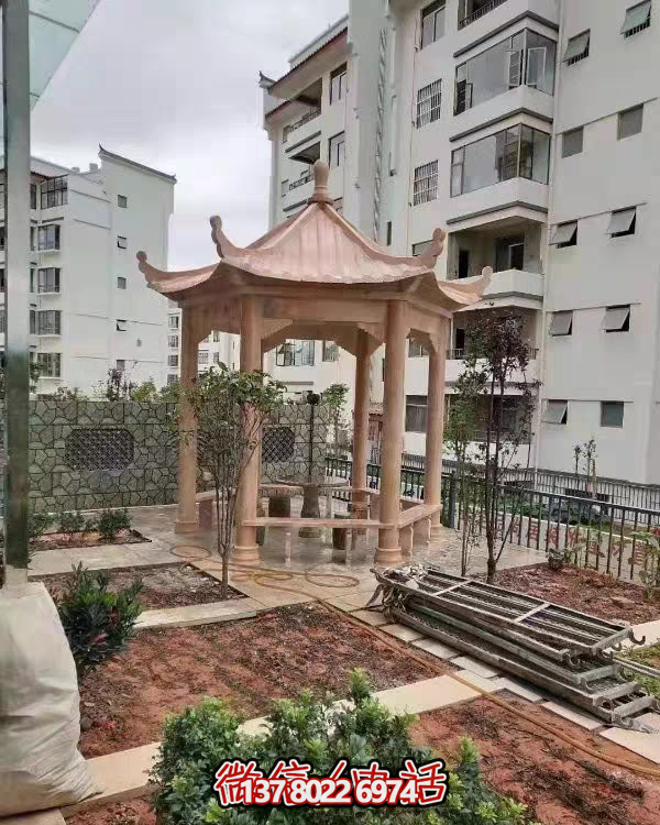 晚霞色石雕大理石涼亭，點(diǎn)綴園林美景