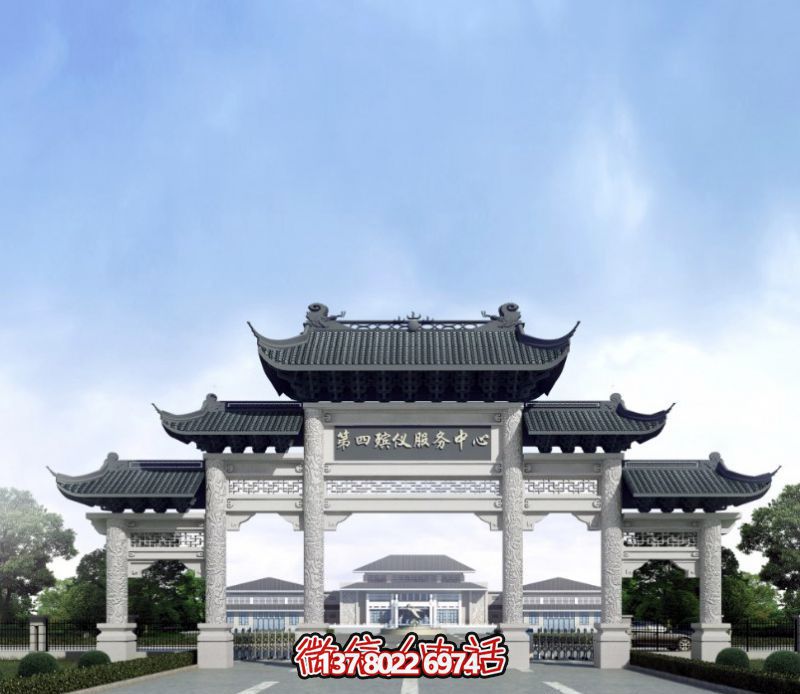 一座新式殯儀館五門(mén)景觀、青瓦斗拱、牌樓等高雅裝飾